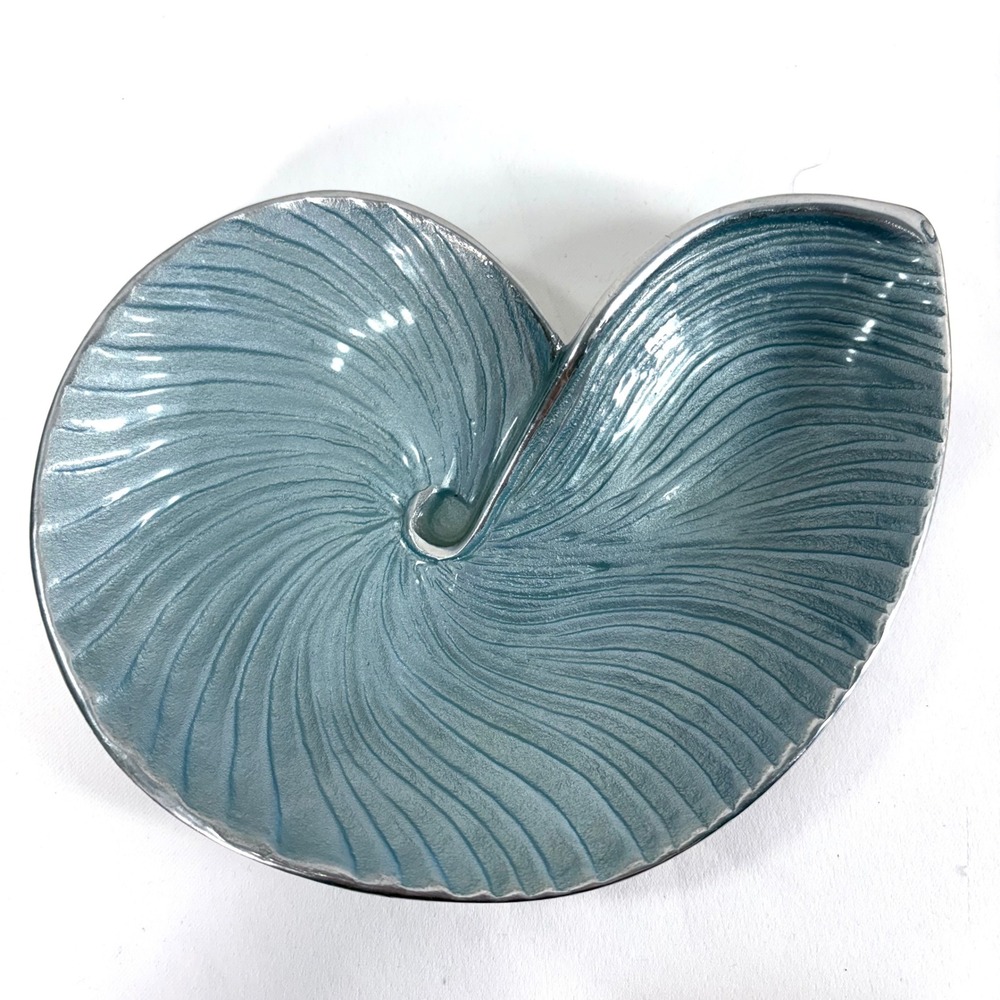 Mariposa Nautilus Shell Dish Blue Enamel Recycled Aluminum Beachy Trinket Tray